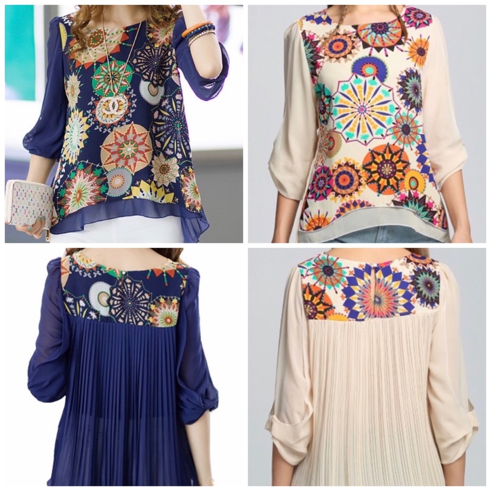 Blue Cream Pattern Chiffon Top - Picture 2 of 9